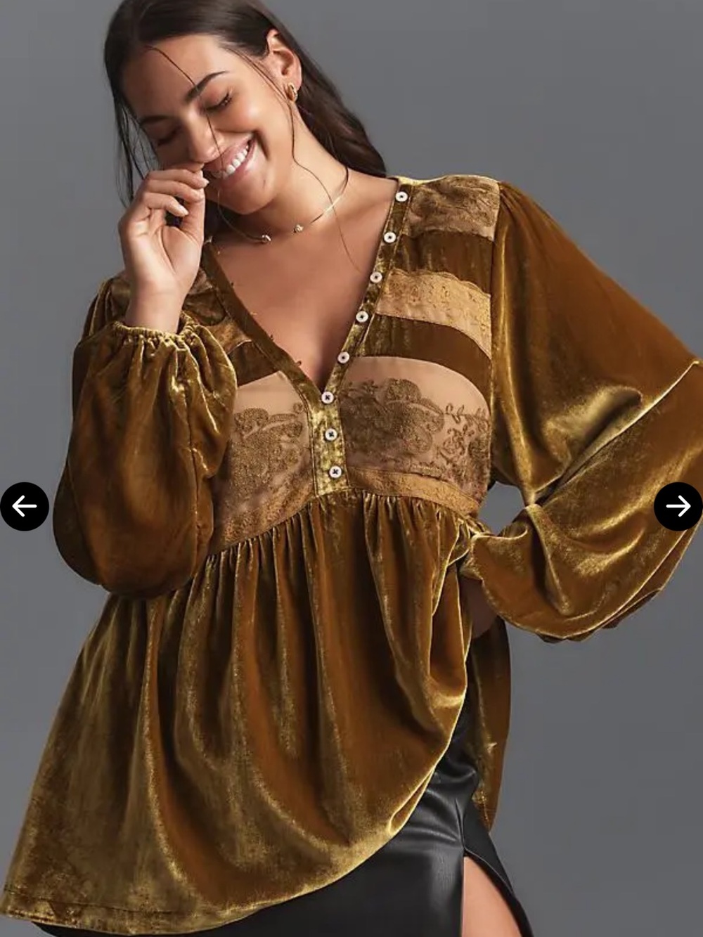 ANTHROPOLOGIE Long Sleeve Chartreuse Velvet Lace Babydoll Top
